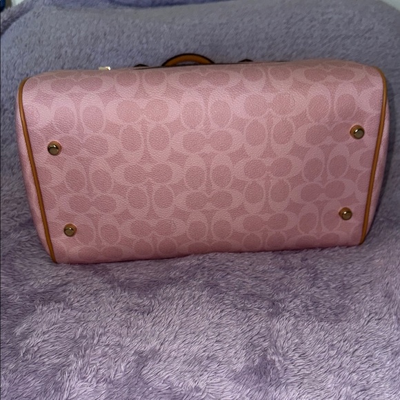 Coach Pink Signature Rowan Satchel with Tan Leather Trim and Flower Charm - Picture 4 of 5